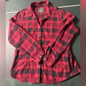 Woolrich Women’s red and black checkered button down flannel. Large